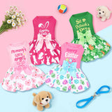 XPUDAC 4 Pack Cute Dog Dress with Bowknot Dog Clothes Puppy Skirt Mommy Floral Bunny Egg Shamrock Print for St. Patrick's Day Easter Holiday Pet Outfit for Girls, M