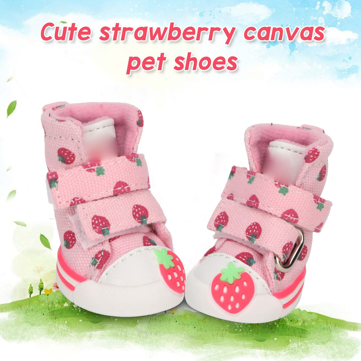 Grcfumo Strawberry Dog Shoes, Dog Boots, Slip Resistant Breathable Cute Puppy Dog Shoes for Small Dogs Teddy Bichon Pomeranian (QAS1)