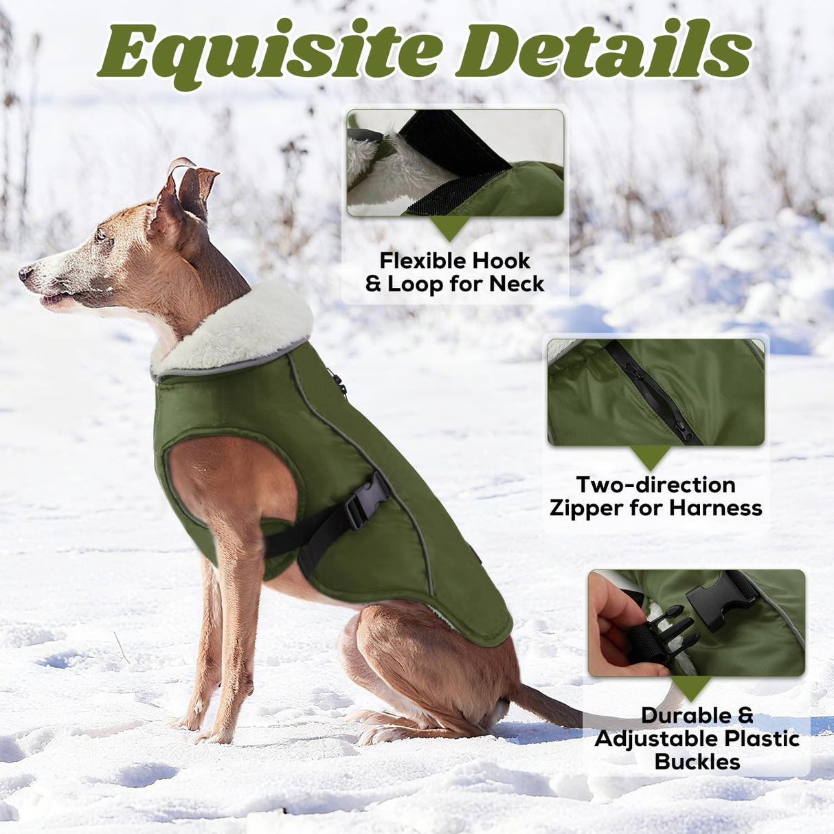 EMUST Dog Coat Winter, Waterproof Pet Snow Jacket for Winter, Adjustable Small/Medium/Large Dog Coat, Green, L