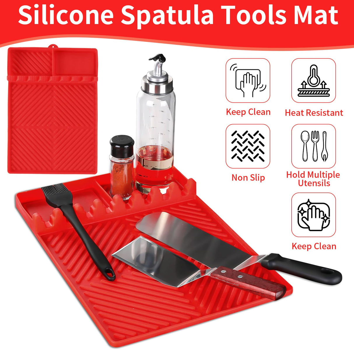 Griddle Mat Barbeque Grill Accessories Tools for Blackstone, Side Shelf Mat Grill Pad for Outdoor Grill Kitchen Counter Spatula Silicone Mat with Drip Pad for Kitchen, Cooking, Countertop (Red)