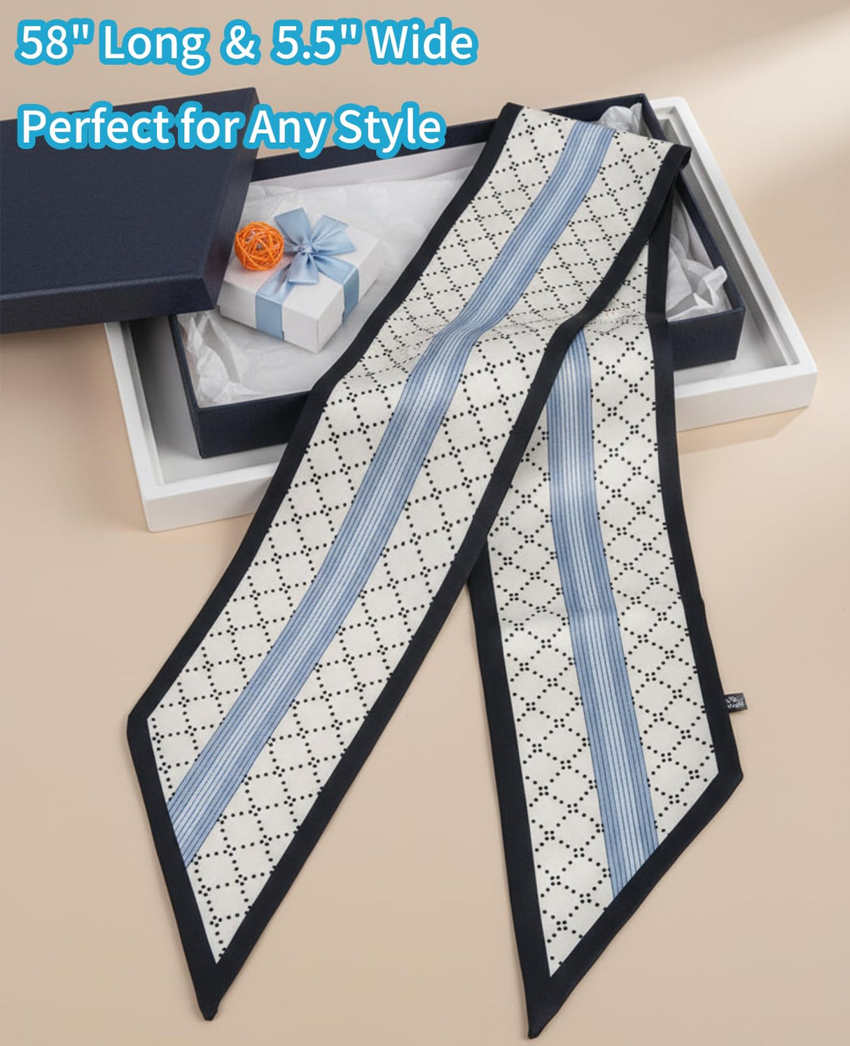 Fashion Scarf for Women - 58" Long Skinny Scarf Lightweight, Luxurious Silk Feeling for Neck, Hair, Purse & Belt Accessory (Blue-White Geometric)