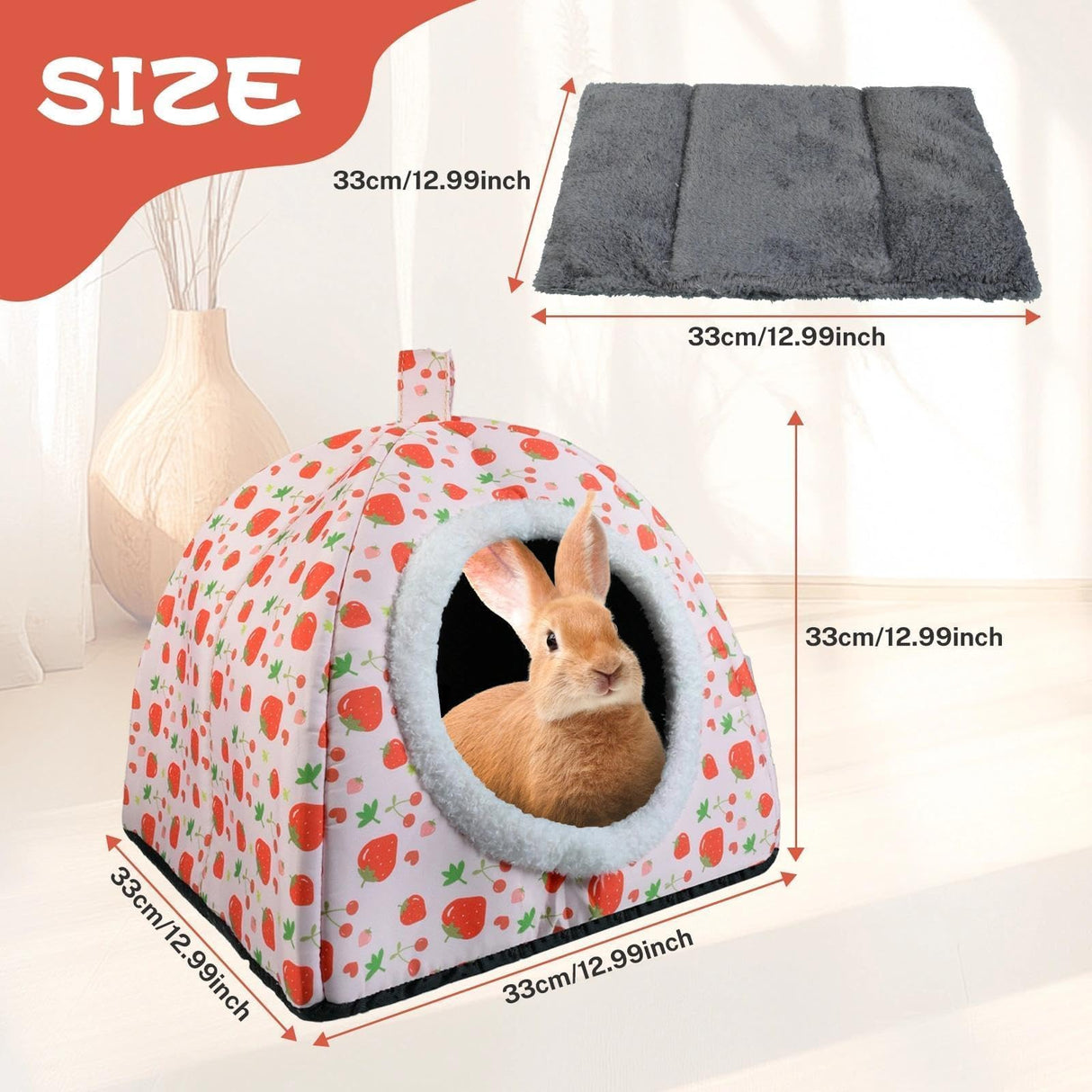Warm Rabbit Hideout, Washable Bunny Bed & Hideaway House with Strawberry Design, Cozy Fleece Hut for Indoor Rabbits Guinea Pigs and Other Small Animals