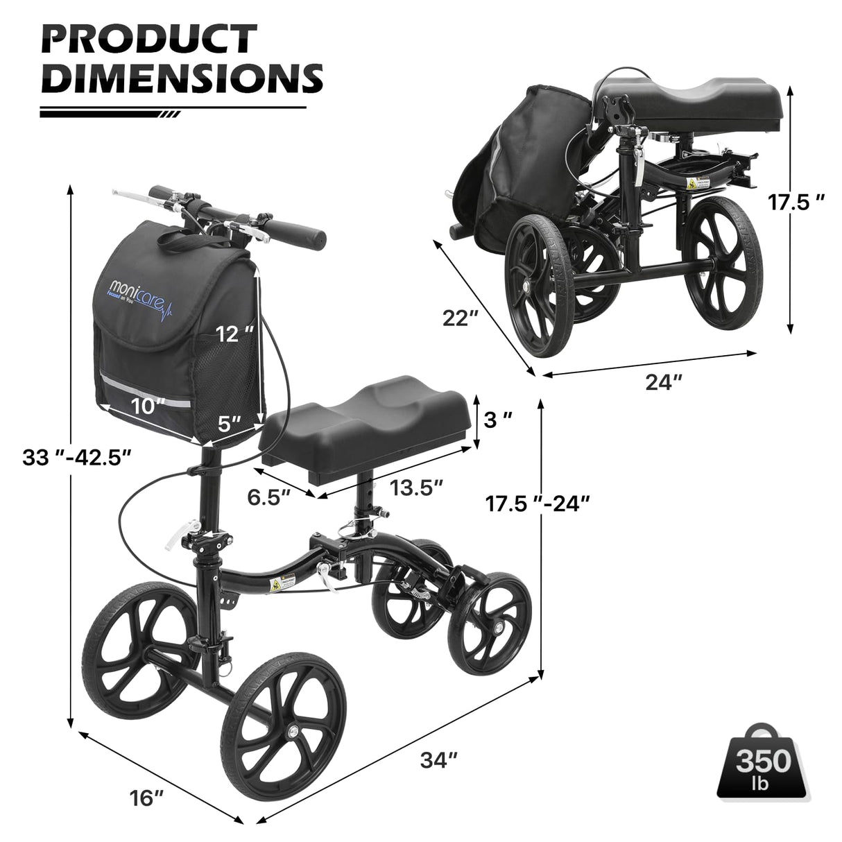 monicare Knee Walker for Adults 10" Front Wheels Steerable Medical Scooter Crutch Alternative with Dual Braking System and Removable Storage Pouch for Leg and Foot Injuries, Easy Assembly, 350lbs Load