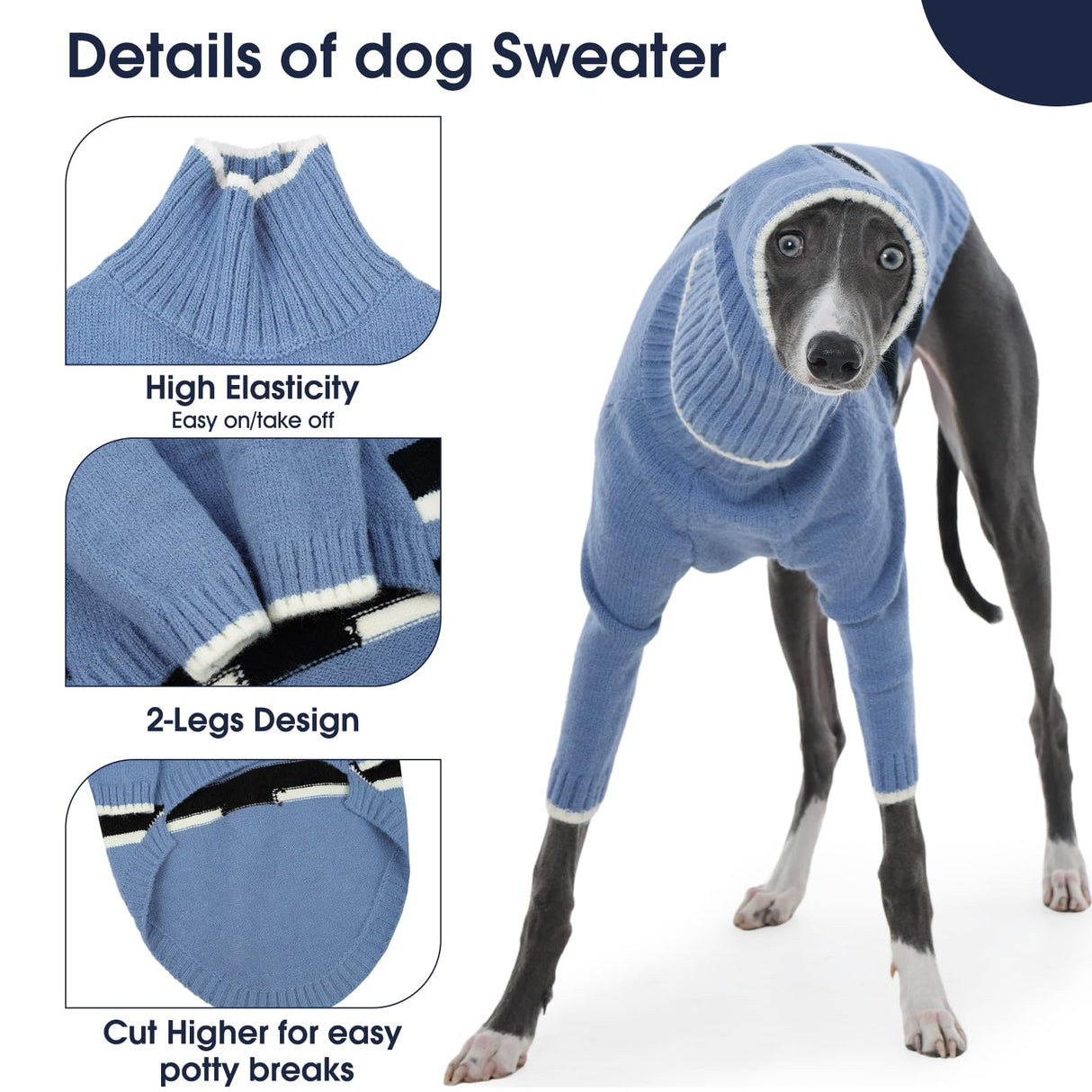 IECOii Warm Italian Greyhound Sweater, Whippet Clothes with Detachable Hood Turtleneck Sighthound Sweaters for Medium Dogs, Cozy & Stretchy Pullover Knitwear for Fall and Winter, Large- Blue