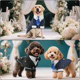 DENTRUN Navy Blue Dog Tuxedo - Formal Pinstripe Pet Suit Shirt with Satin Tie, Elegant Wedding Outfit Birthday Party Attire for Golden Retriever Husky Border Collie Large Dogs (Polyester), XXXL