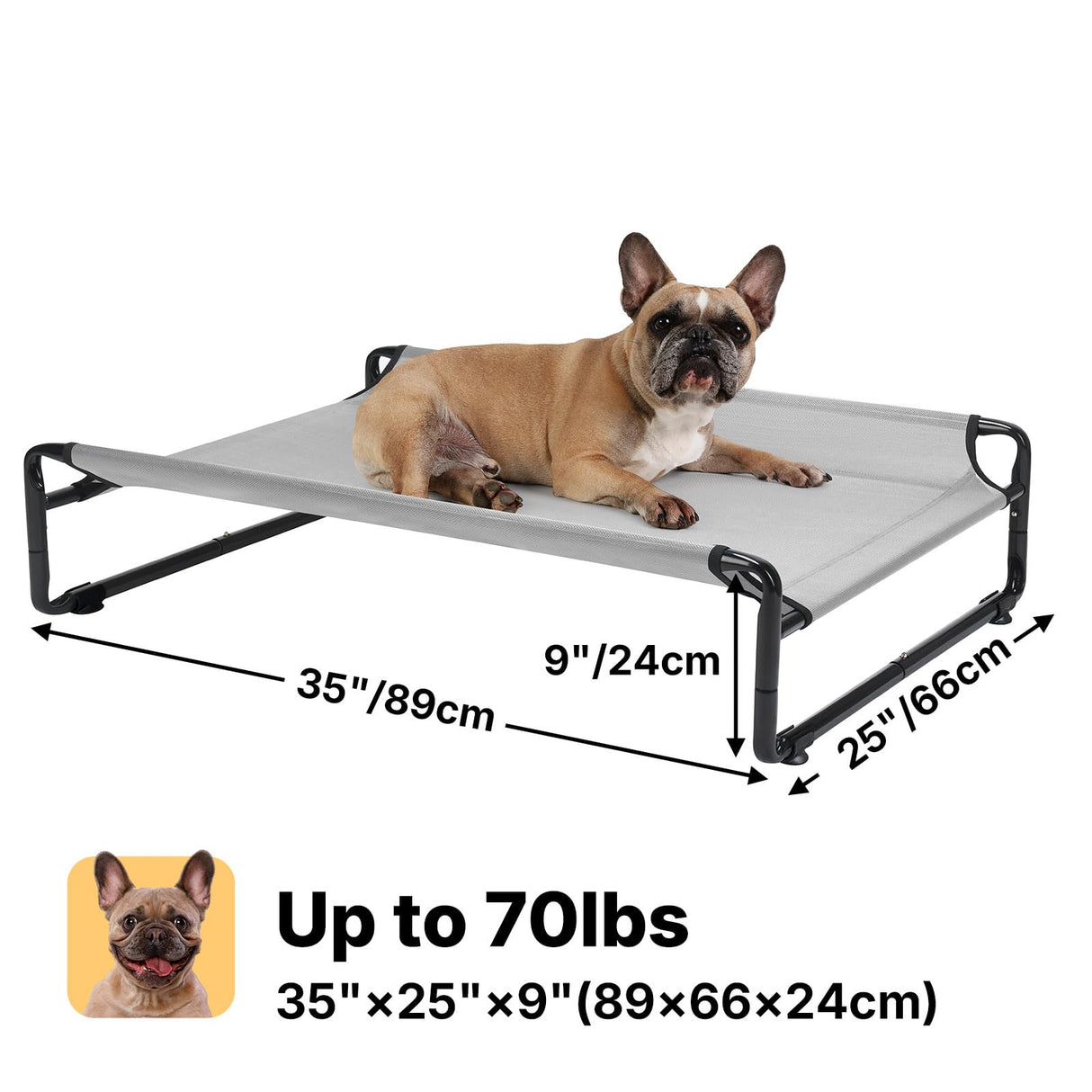 Veehoo 35" Medium Raised Dog Bed, Washable Dog Cot with Headrest Sides, Outdoor Elevated Dog Bed with Non-Skid Feet, Breathable Mesh, Portable Pet Hammock for Indoor or Camping, Grey