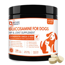 Load image into Gallery viewer, NATURE TARGET Glucosamine Joint Supplement for Dogs, Chondroitin, Omega-3, MSM, Hemp, Turmeric for Pain Relief, Dog Joint Supplement with Calcium for Bone Health, 120 Chicken Flavored Crunchy Chews
