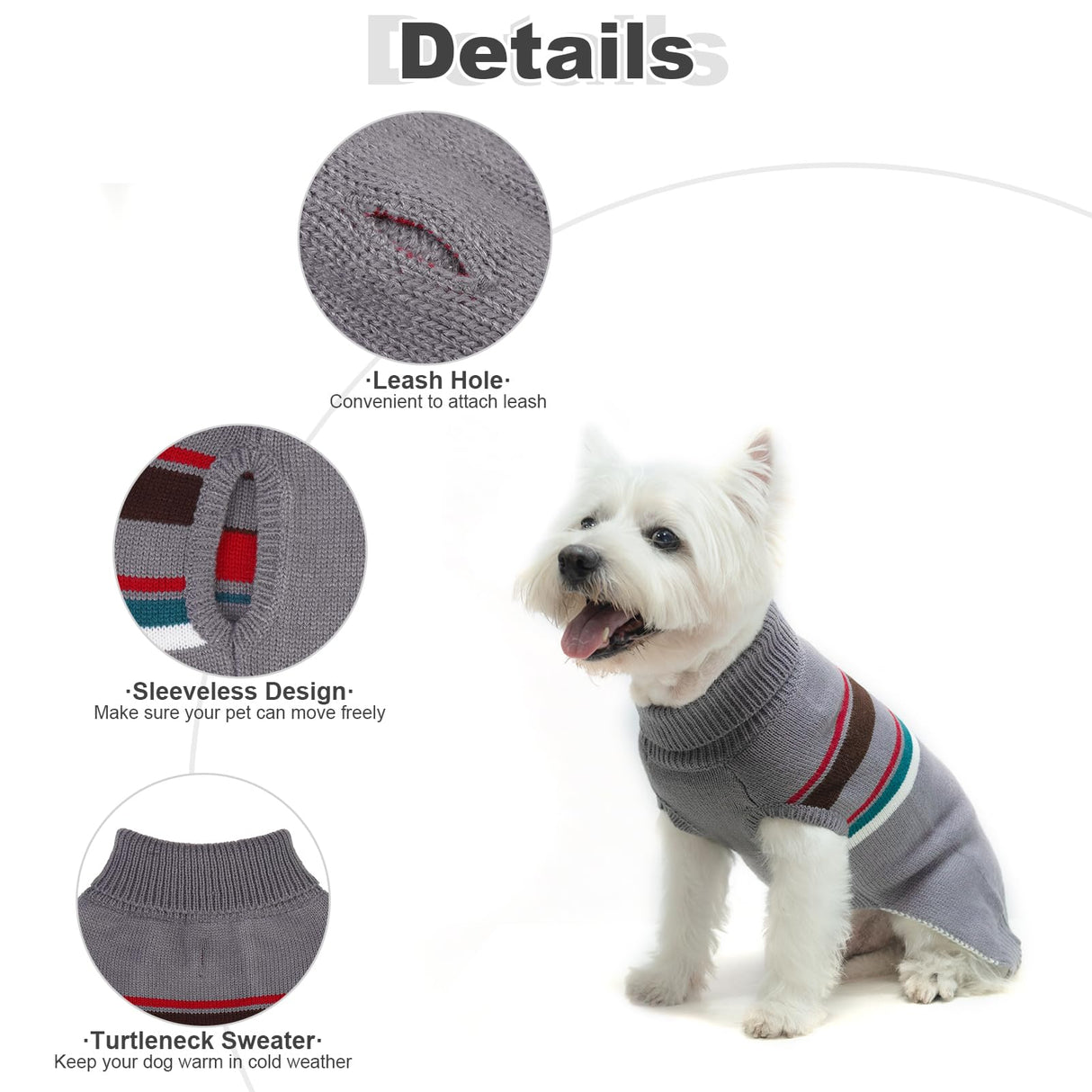PAWCHIE Dog Sweater - Warm Coat Turtleneck, Stretchy Knitted Dog Outfit with Leash Hole, Grey S - Small to Large Doggy Puppy Cat