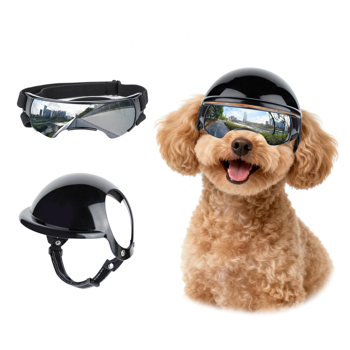 LESYPET Dog Helmet and Goggles for Small Dogs, UV Protection Dog Sunglasses Eye Protection Pet Motorcycle Helmet with Ear Hole for Riding, Windproof Dogs Goggles and Helmet Set, Silver and Black