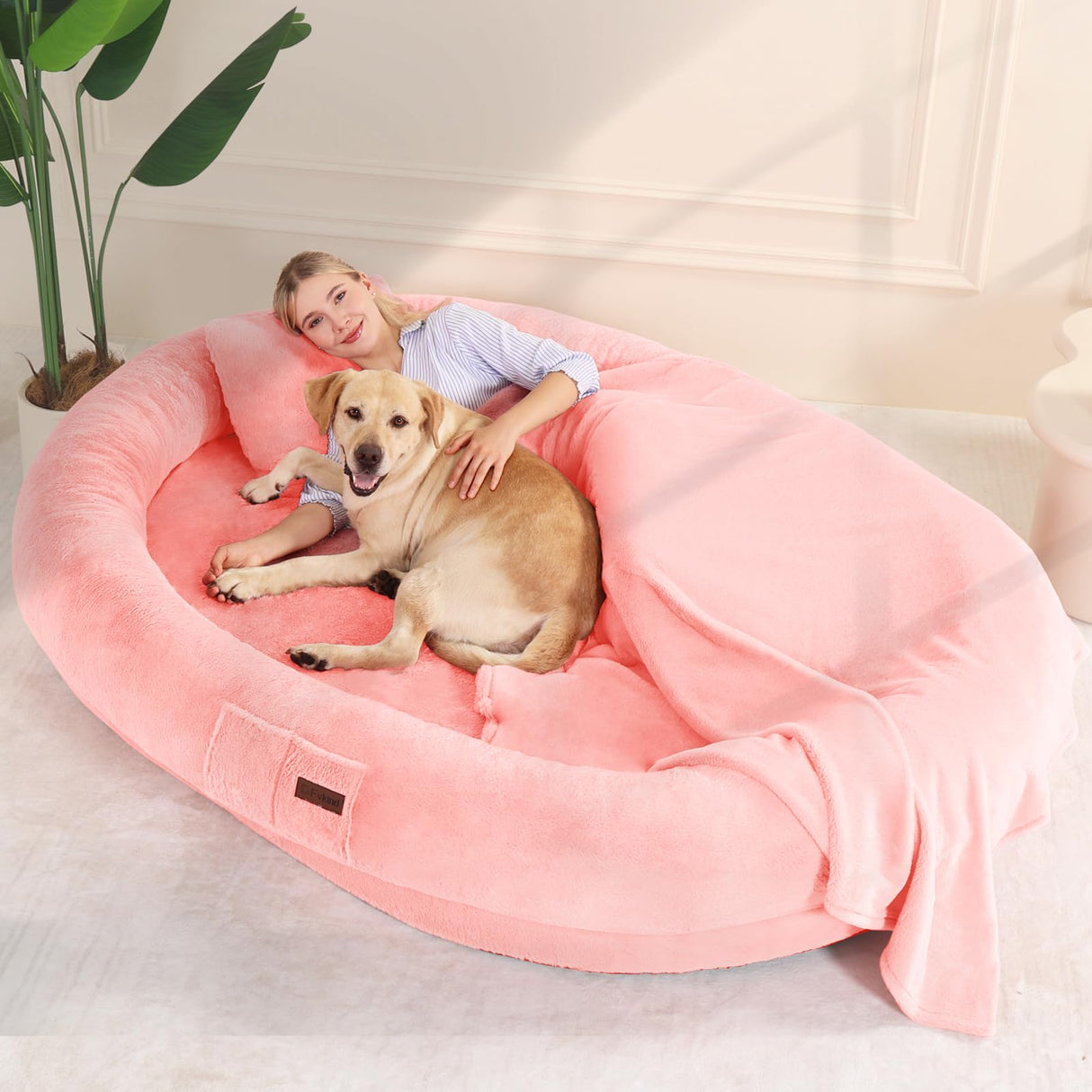 Fvkind Human Dog Bed for Adults with Blanket and Pillow, 71"x51"x12" Washable Orthopedic Size, Faux Fur Removable, Cozy Large Present, Pink