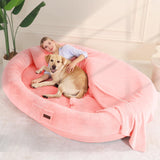 Fvkind Human Dog Bed for Adults with Blanket and Pillow, 71"x51"x12" Washable Orthopedic Size, Faux Fur Removable, Cozy Large Present, Pink