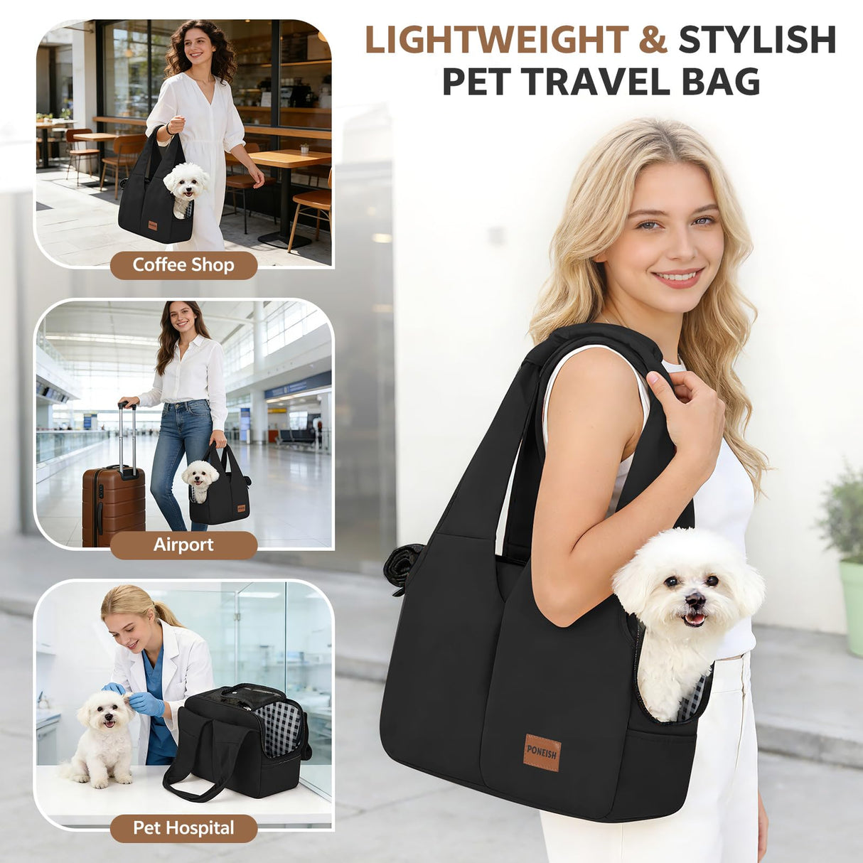 Dog Purse Carrier for Small Dogs and Cats, Soft-Sided Pet Tote Bag with 6 Large Pockets, Collapsible Travel Puppy Carrier, Fits Pets up to 16 lbs (Black, 17.5" L x 8" W x 12" H)