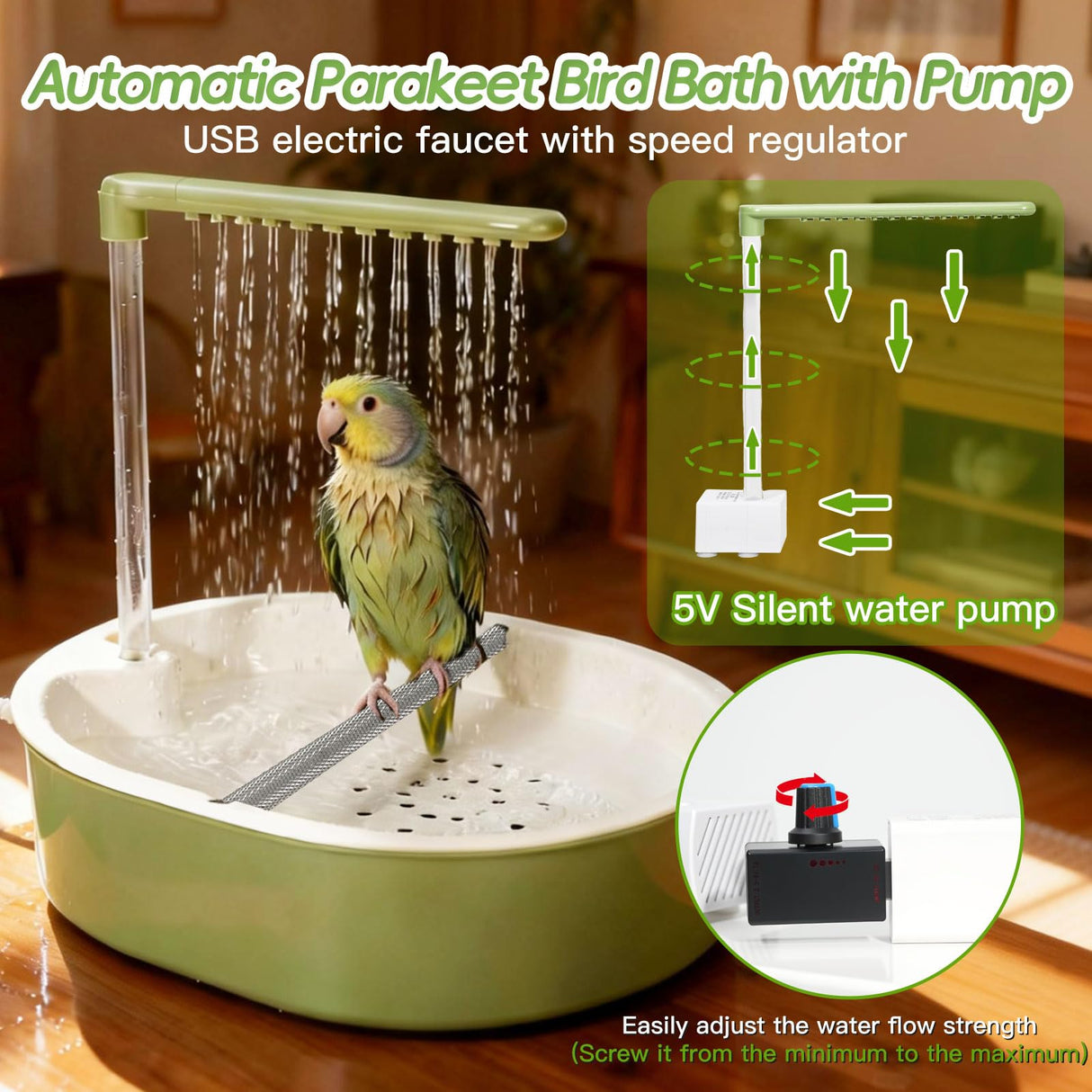 Automatic Parakeet Bird Bath for Cage Large Parrot Shower Bath with Adjustable Water Flow Bird Shower Fountain Indoor Bathtub Stainless Perch Bird Cage Accessory for Birds Cockatiel Conure Budgie
