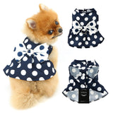 PAIDEFUL Dog Harness Dress,Retro Bow Princess Dresses for Small Dogs Cats Fashion Polka Dot Puppy Pleated Skirt Soft Lightweight Doggy Sundress Button up Chihuahua Clothes Costume D-Ring,Blue,M