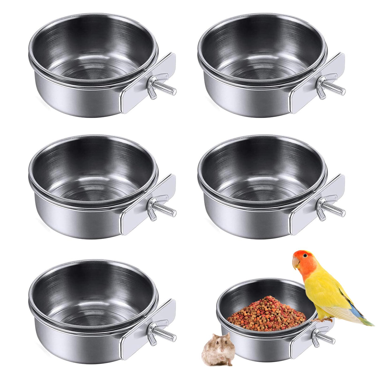 PINVNBY Parrot Feeding Cups Birds Food Dish Stainless Steel Parrot Feeders Water Cage Bowls with Clamp Holder for Cockatiel Conure Budgies Parakeet Parrot Macaw Small Animal Chinchilla Pack of 6