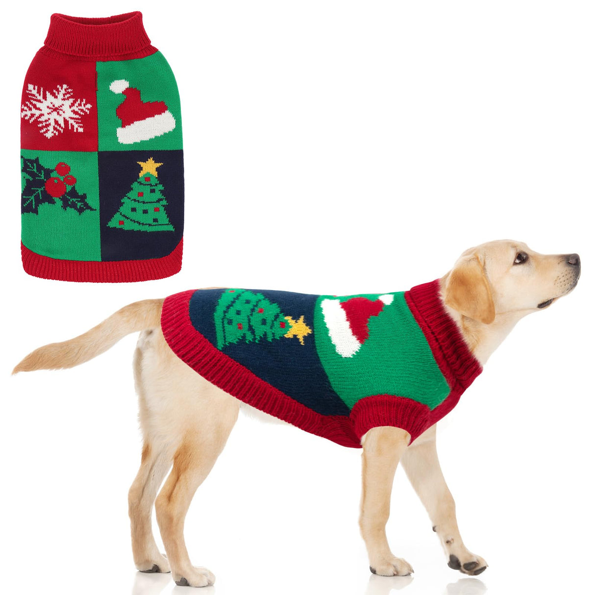 KOOLTAIL Christmas Sweater, Cold Weather Knitted Turtleneck Pullover for Dogs, Red Green Color Design Sweatshirt, Thick Warm Winter Clothes for Small Medium Large Dogs Boys Girls, XL