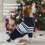 Queenmore Dog Striped Knitted Sweater, Turtleneck Pullover Pet Coat, Dog Winter Clothes with Leash Hole for Small Medium &Large Dogs(Navy Blue,S)