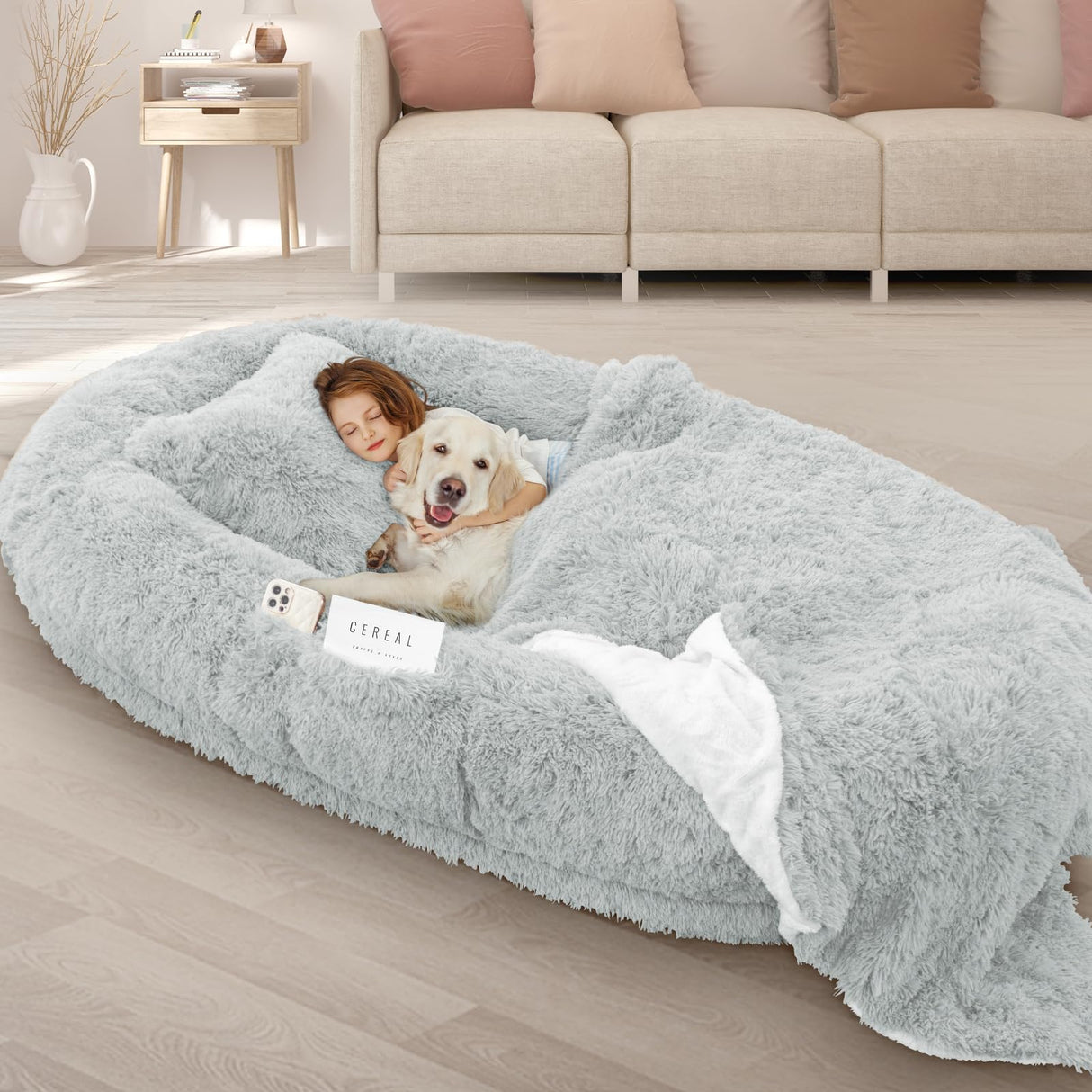 ROOMTEC Human Dog Bed, 71''x45''x12'' Size Fits Adult and Pet Washable Giant People Bed 10 CM Thick Memory Foam Large Oversize Pet Bed with Plump Pillow, Blanket, Strap - Grey