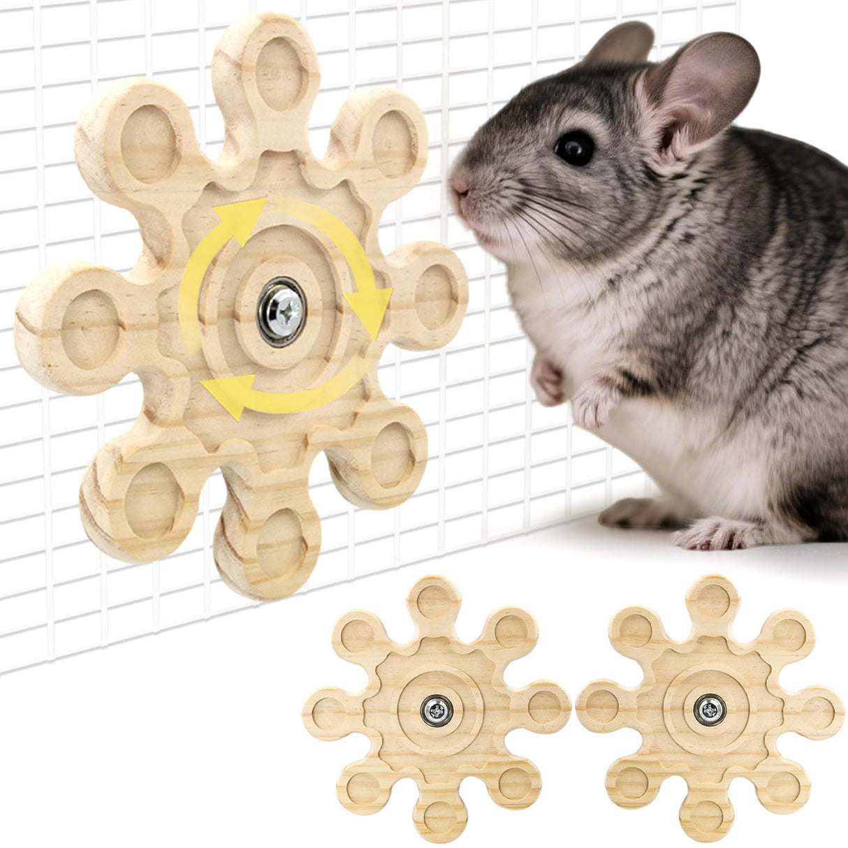 Jevnd 2pcs Rotating Natural Wood Chinchilla Chew Toys for Teeth, Interactive Enrichment Toys, Hanging Exercise Chinchilla Toys for Cage for Playtime, Spinner Cage Accessories Wheel