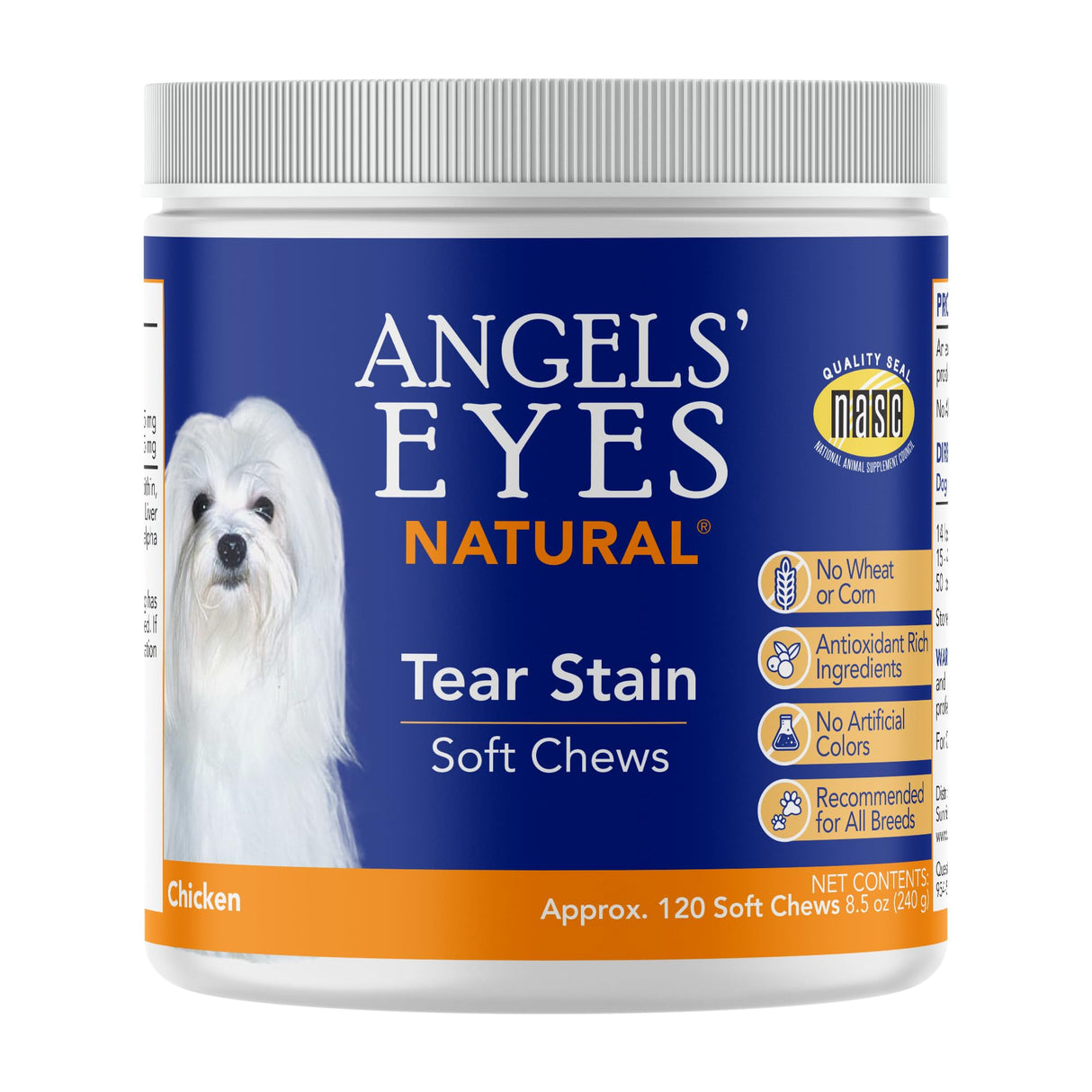 Angels’ Eyes Natural Tear Stain Supplement Chews for Dogs, Prevent Stained Fur, with Oregon Grape Root, Marshmallow Root, Colostrum, No Wheat or Corn, 120ct Chicken