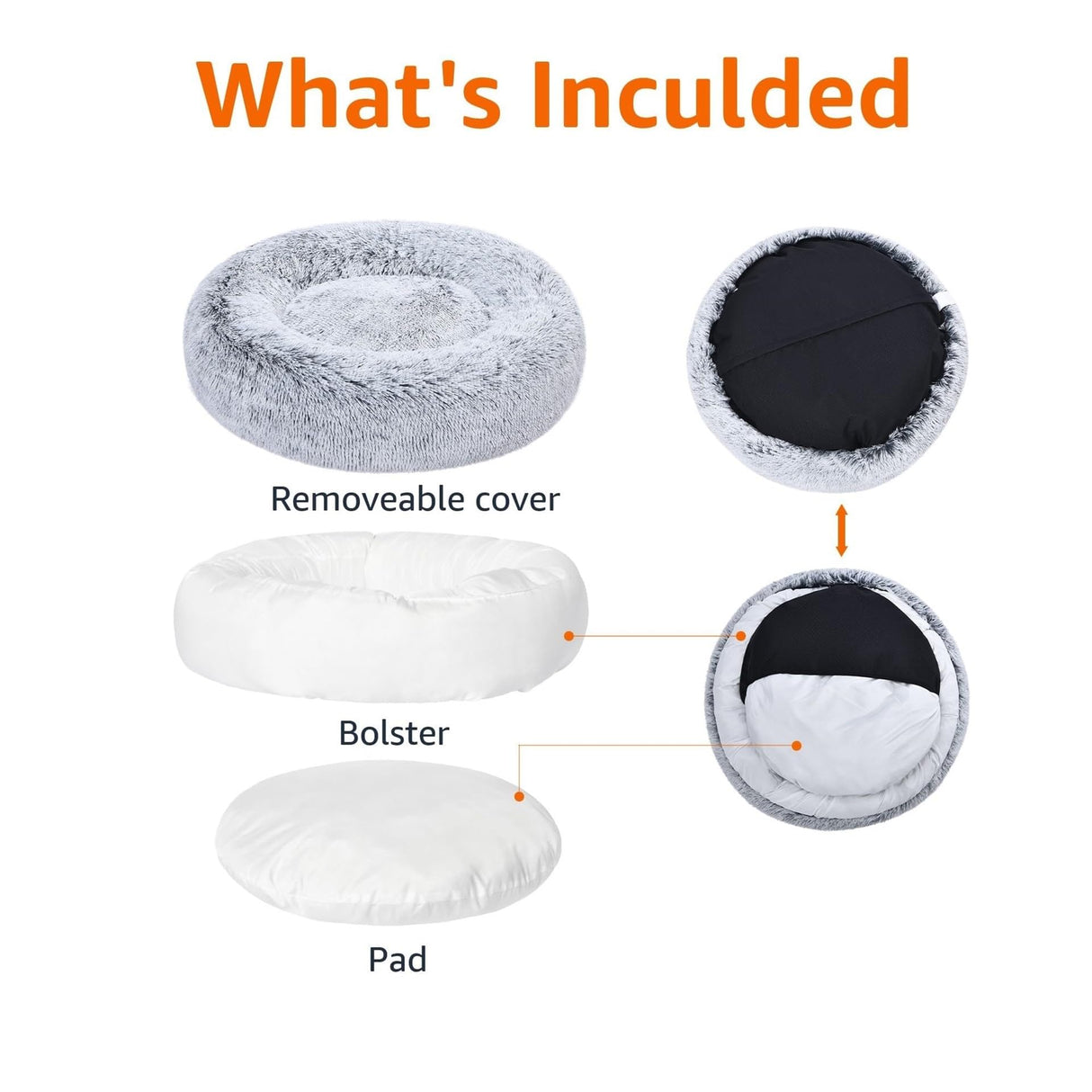 Amazon Basics Washable Donut Pet Bolster Faux Fur Bed with Removable Cover, Anti-Slip Bottom for Dog, Grey, 23" x 23"