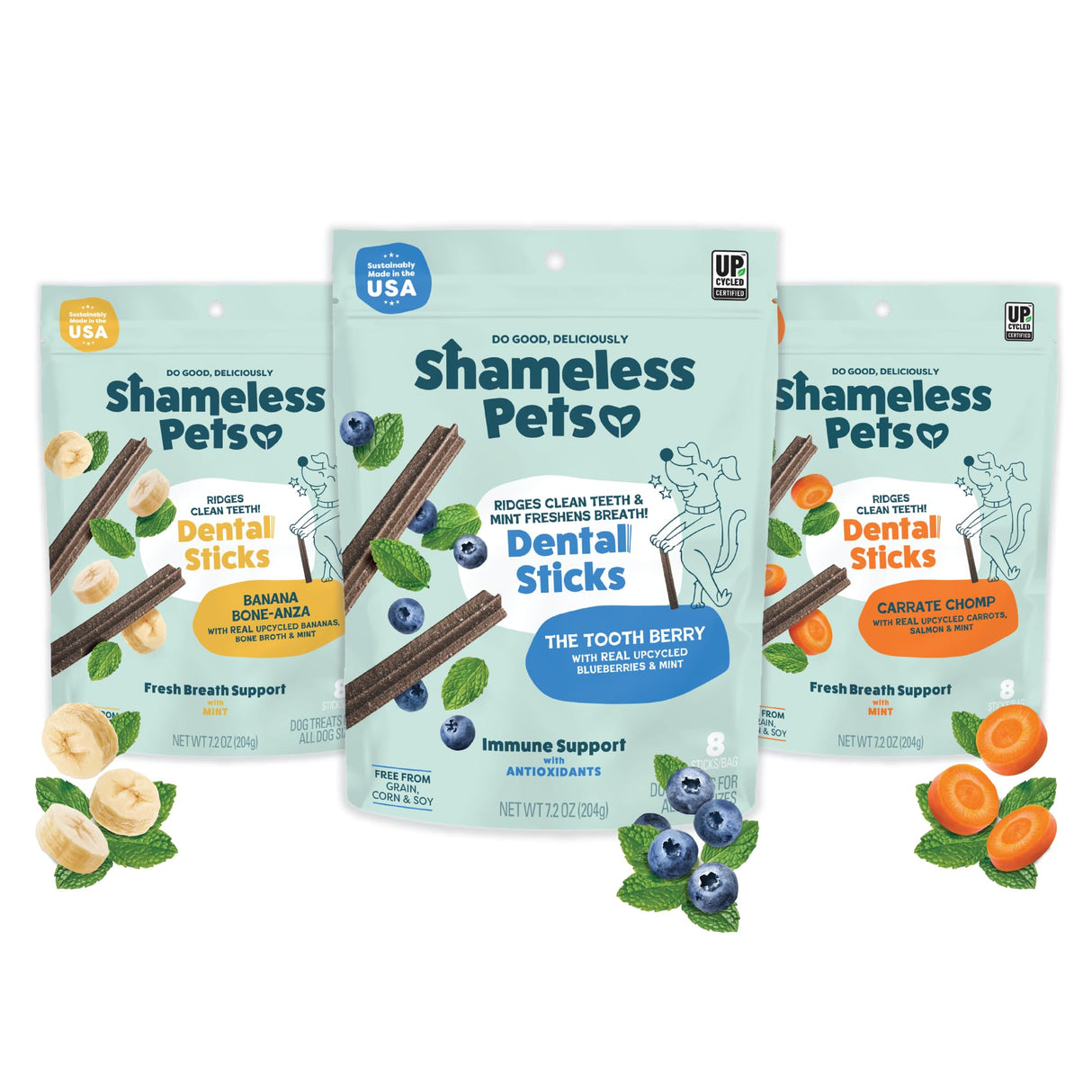 Shameless Pets Dental Chews for Dogs, Variety (3-Pack) - Natural Dog Teeth Cleaning Treats with Fresh Breath Benefits | Grain-Free Dental Sticks for Small, Medium & Large Dogs
