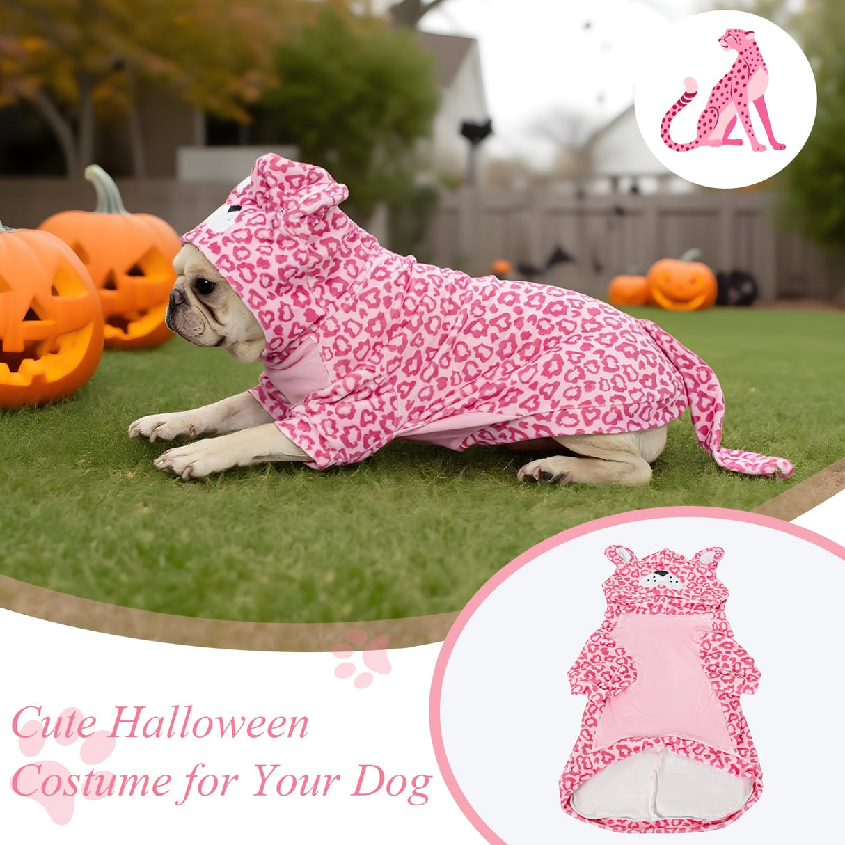DELIFUR Dog Leopard Print Costume - Adorable Dog Halloween Hoodies for Small Medium Pet Cute Animal Clothes Cosplay Sweatshirt Pink (Leopard Print, Medium)