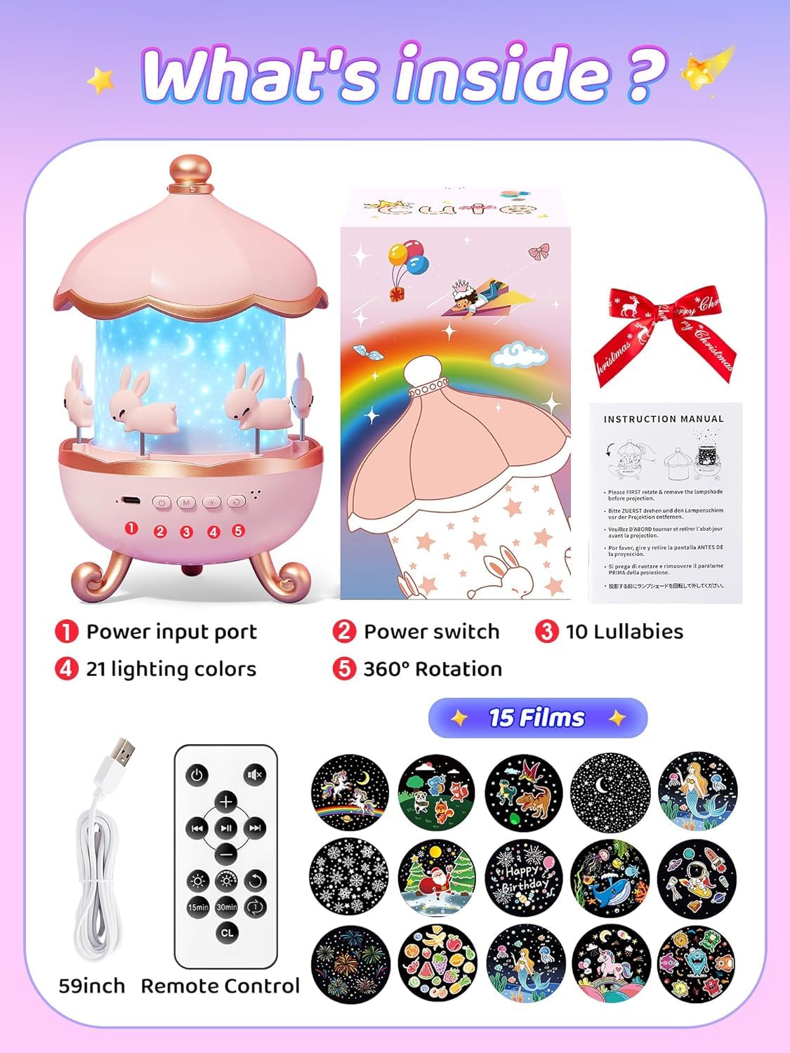 Star Projector for Kids,15 Films Star Lights for Ceiling Projector +10 Sleep Sounds Machine Baby Night Lamp,Remote Timer Cute Pink Lamp Nursery Lamp,Exquisite Christmas Gifts for Kids Baby Girl Gifts