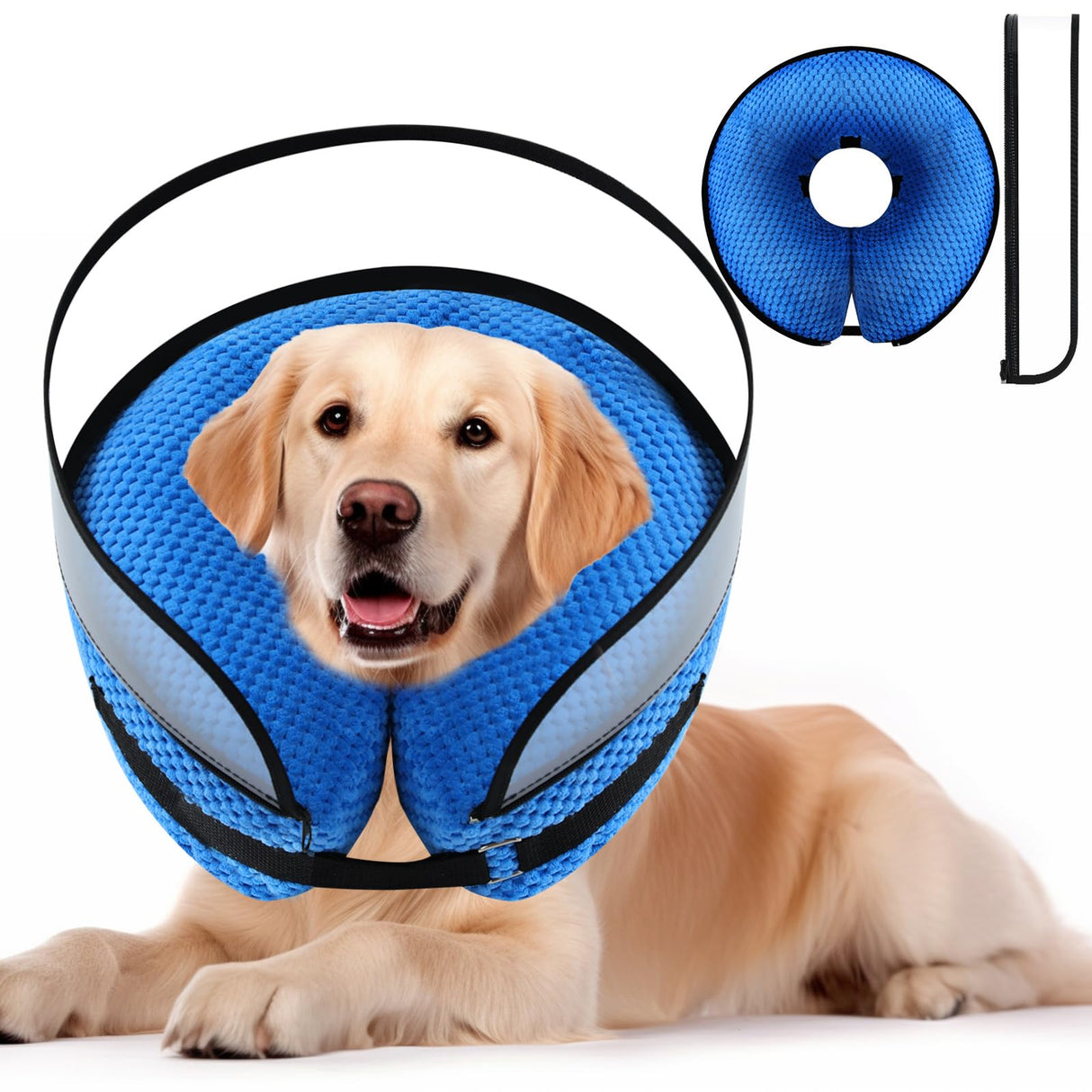 2-in-1 Soft Inflatable Dog Cone Collar Alternative with Enhanced Anti-Licking Guard Shield, Dog Donut Collar After Surgery, Adjustable Cones for Large Medium Small Dogs and Cats (Blue,L)