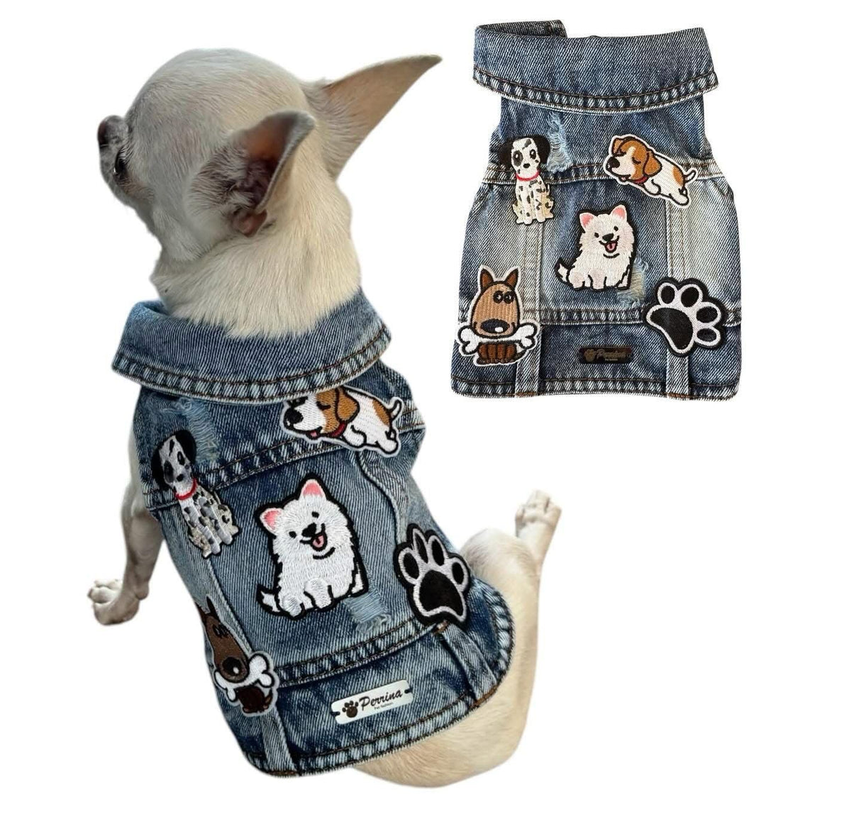 PERRINA Dog Jean Jacket - Cute Dog Outfits for Small & Medium Pets - Light & Breathable Denim Vest - Stylish Denim Cat Jacket Unique Designs - Easy to Wear & Take Off-Cool Puppy Clothes (XX-Large)