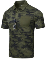 MoFiz Men's Polo Shirts Short Sleeve Quick Dry Outdoor Golf Sports Shirts with Pocket Regular Polo T-Shirt Camo Army Green XL