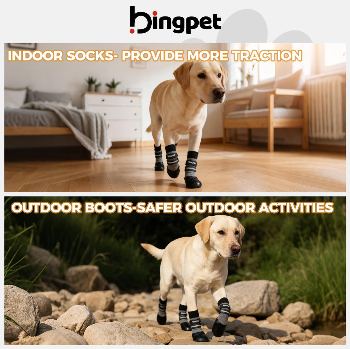 BINGPET Waterproof Dog Socks Boots to Prevent Licking Paws,Anti Slip Dog Booties & Paw Protectors with Dual Straps for Hot/Cold Pavement,Indoor Outdoor Grip Dog Shoes for Small Medium Large Senior Dog