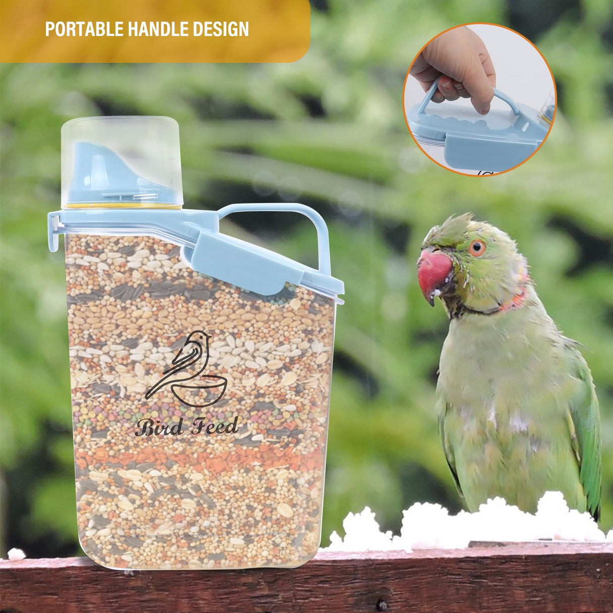 Brabtod Bird Seed Storage Container Portable-3 Qt/2.8 L Clear Plastic Pet Food Container-with Measuring Cup,Airtight Wild Bird Seed Dispenser for Storing Sunflower Seed|Squirrel proof|BPA Free-Blue