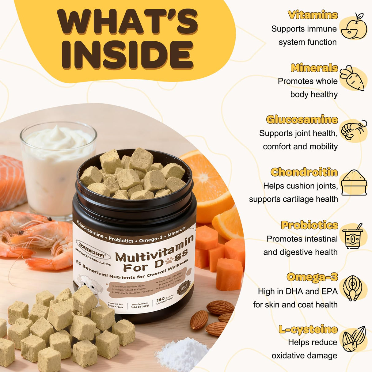 ZEBORA Dog Multivitamin with Probiotics - Dog Vitamins and Supplements - Multivitamin for Dogs with Glucosamine, Omega 3 and Probiotics for Dogs Digestion, Immunity, Joint, Skin and Coat - 180ct