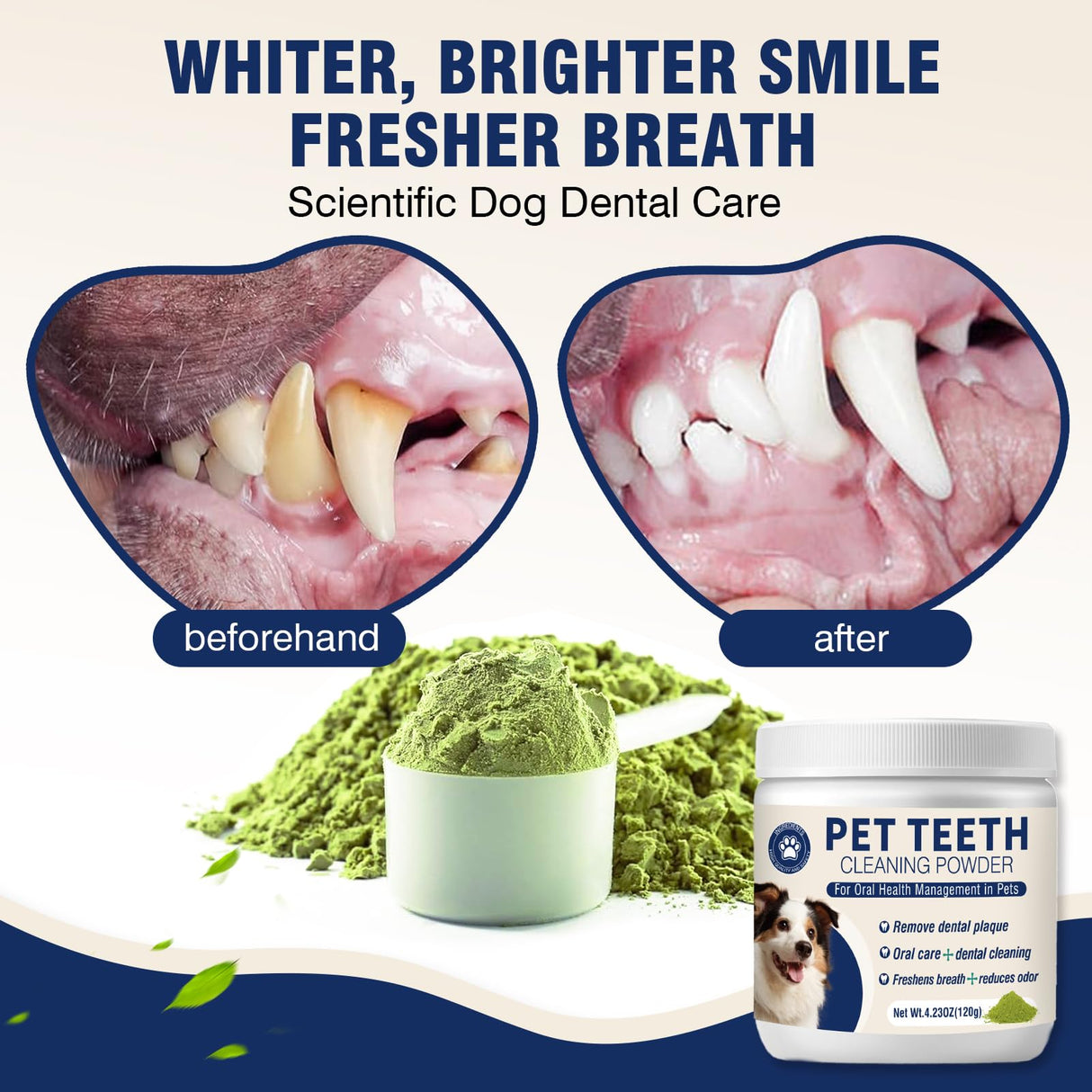 Dental Powder for Dogs Dog Teeth Cleaning Products Dog Tooth Cleaning Powder with Probiotics for Dogs Bad Breath Treatment Plaque and Tartar for Small Medium and Large Pet Dental Cleaner 120 Grams