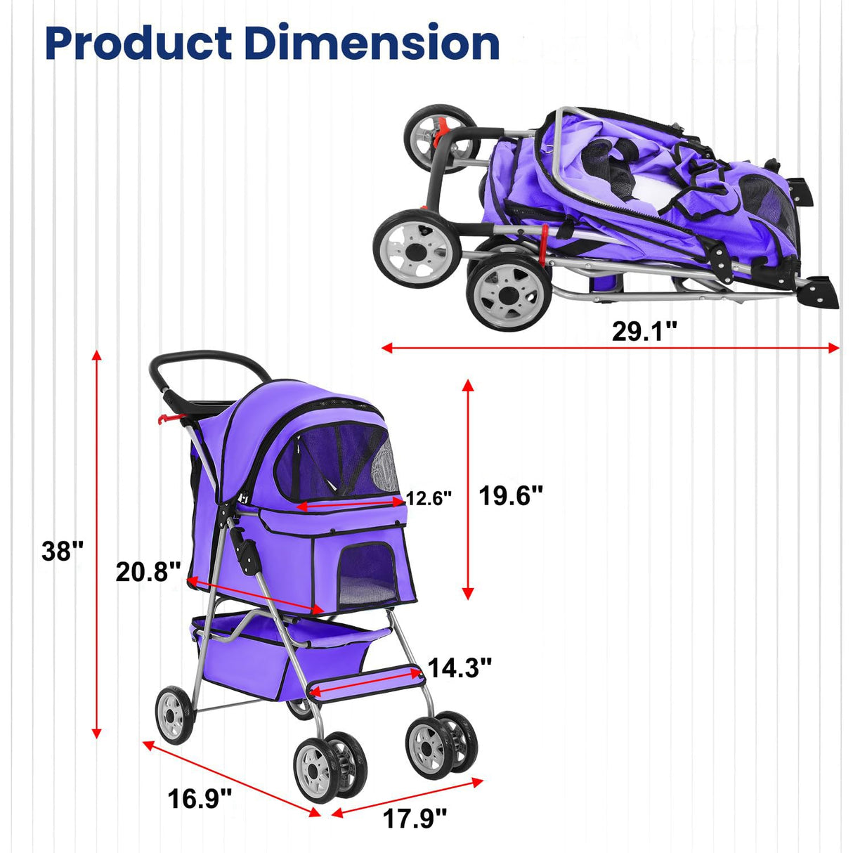 BLKMTY Folding Dog Stroller, 4 Wheels Pet Stroller, Foldable Cat Strollers Waterproof Travel Carrier Strolling Cart for Puppy Jogger with Cup Holder & Storage Basket, Purple