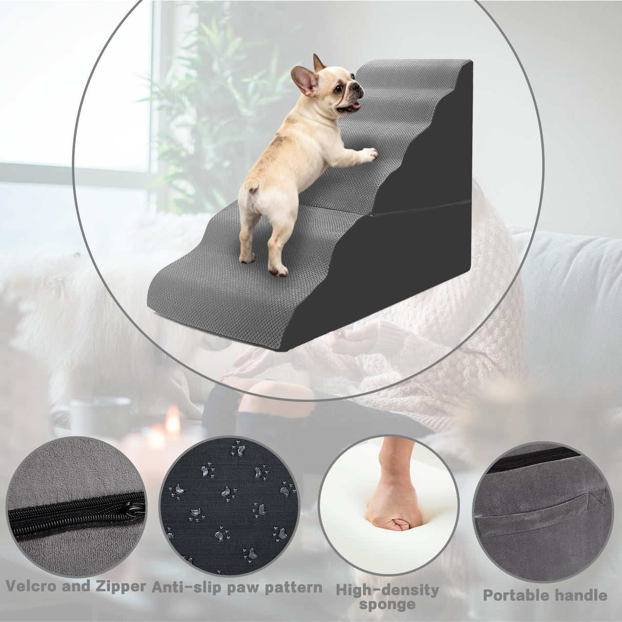 MALOROY Dog Stairs for High Beds 30-36 inches Tall, 6-Step Dog Steps for Bed 32-36 inches for Small Large Dogs, Doggie Ramp for Bed, 30D Foam Pet Stairs for Old Dogs/Cats, Free-Installation, Grey