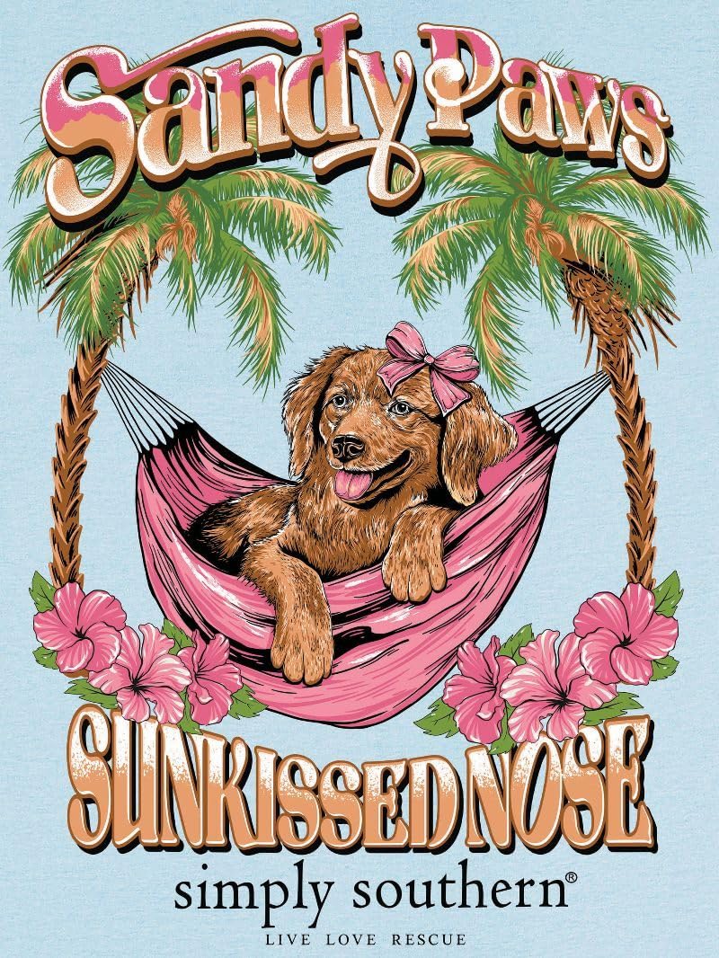 Simply Southern Sandy Paws Sunkissed Nose - Dog - Palm Trees - Adult T-Shirt (US, Alpha, Large, Regular, Regular, ICS Blue)