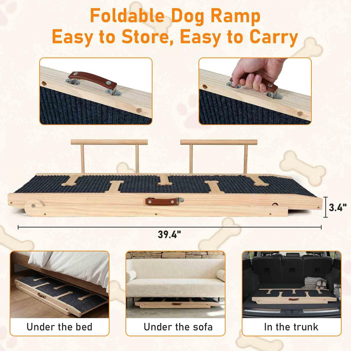 Dog Ramp Adjustable 5 Heights, Non-Slip Design with Leather Handle for Easy Transport & Storage, Perfect for Beds and Couches-Ideal for Small to Large Dogs