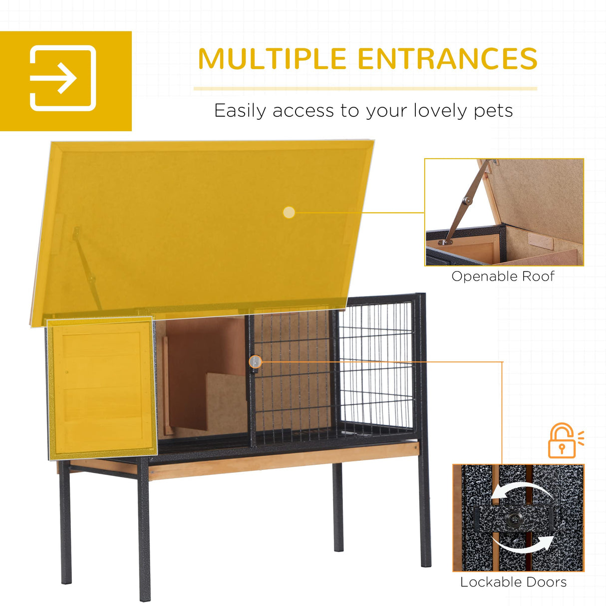 PawHut Rabbit Hutch Elevated Bunny Cage Small Animal Habitat with Metal Frame, No Leak Tray, Metal Wire Pan, Openable Water-Resistant Asphalt Roof for Rabbits, Chickens, Ducks, Indoor/Outdoor Natural