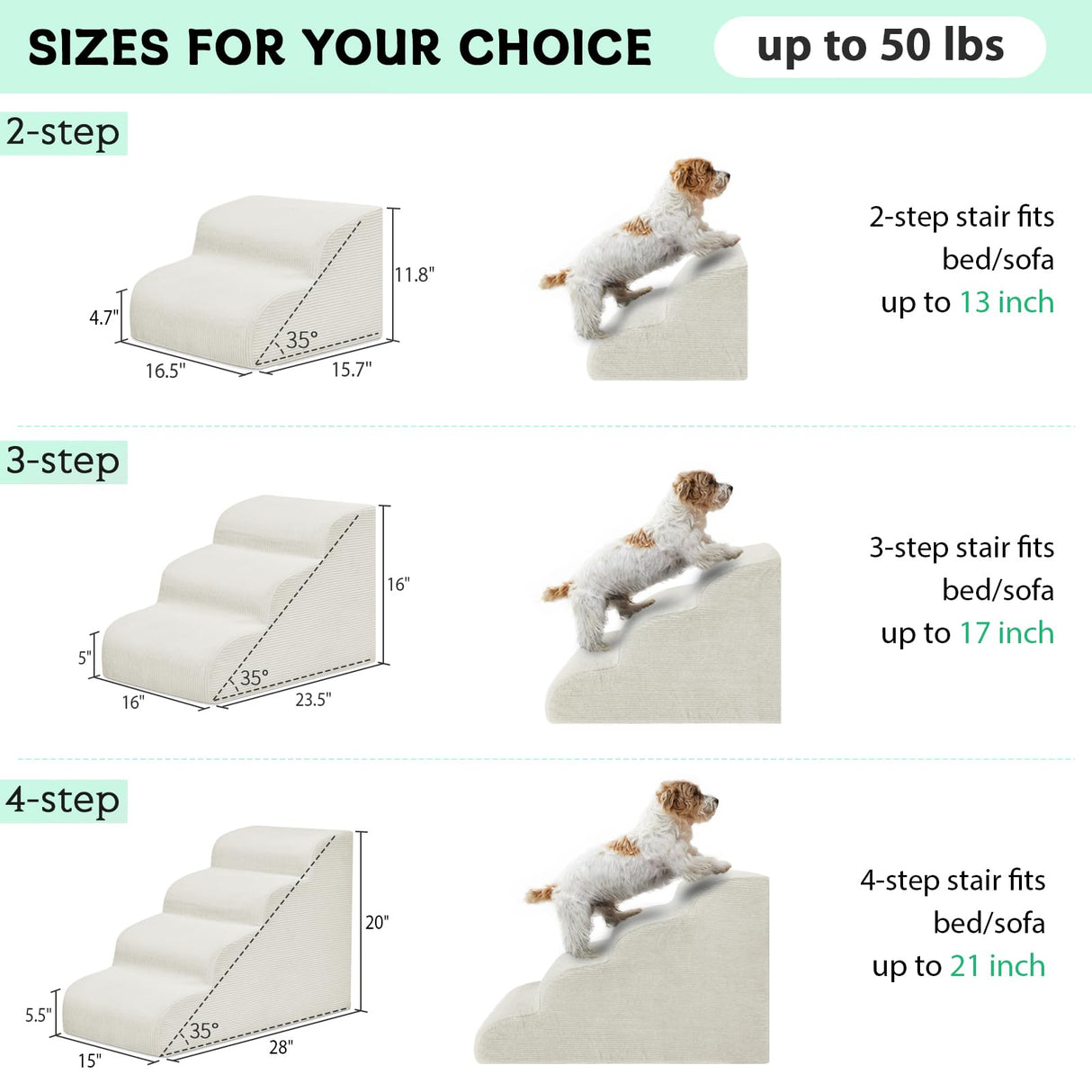Mesa Lemon Dog Stairs & Steps for High Beds, 2 Steps High Density Foam Waterproof Dog Ramp for Small Dogs and Cats, Pet Stairs with Washable Cover for Bed, Couch, Sofa and Car, Beige (H: 11.8")