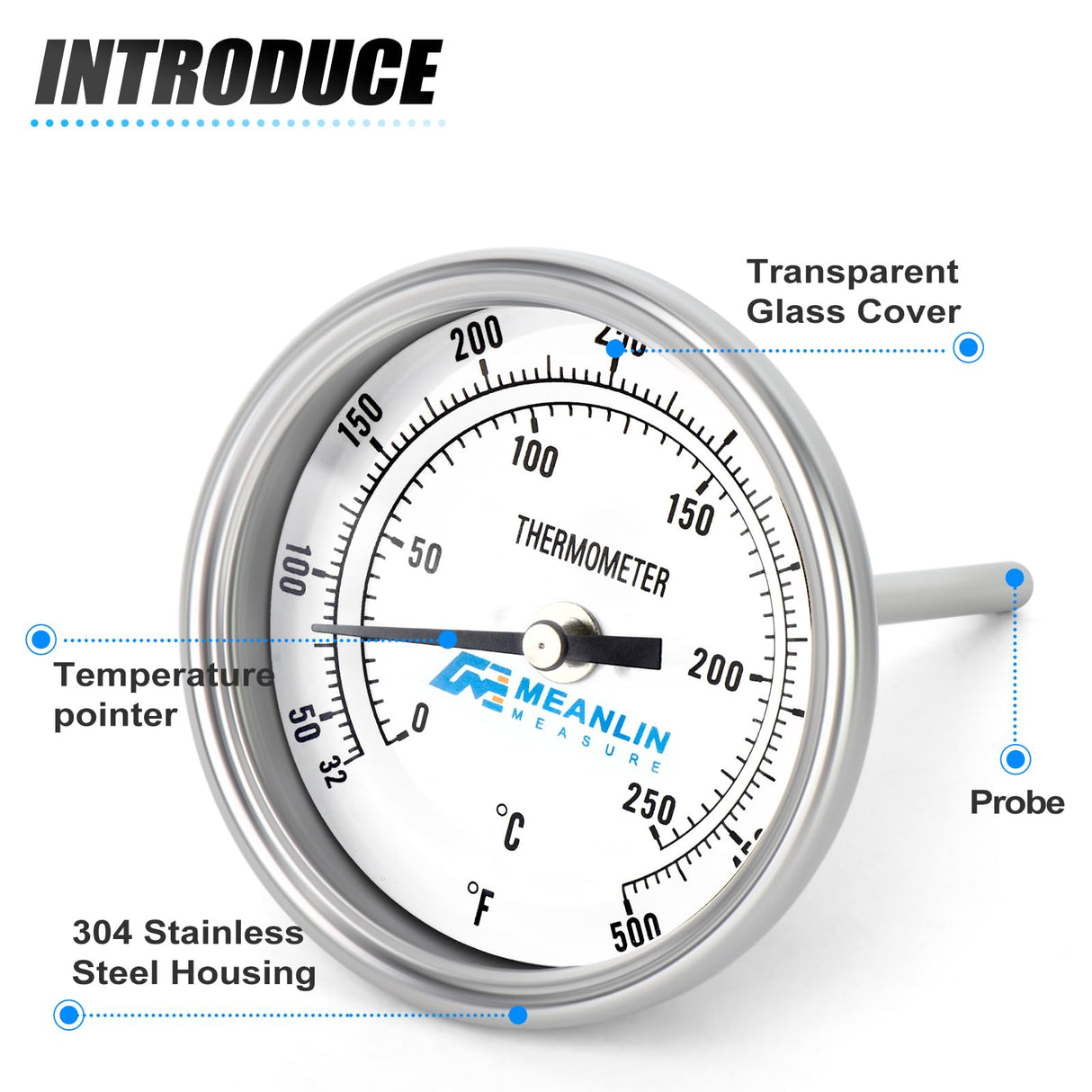 MEANLIN MEASURE 2Pcs 1/2" NPT Bimetal Thermometer for hot Water, boilers, and Pipes，3" Dial, 4" Stainless Steel Stem，Temperature Range 50-500°F/10-250°C, Accuracy 2%,Lower Mount