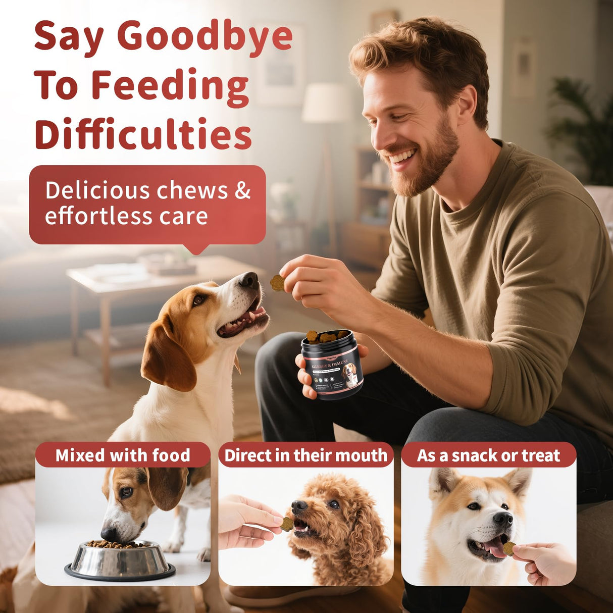POPPAW Dog Allergy Chews, Probiotics for Dog Allergy Relief - Itchy Skin and Itchy Ears - Allergy Paw Relief - Seasonal Allergies & Immune Gut Health & Joint, Energy Support, Bacon Flavor - 90 Count