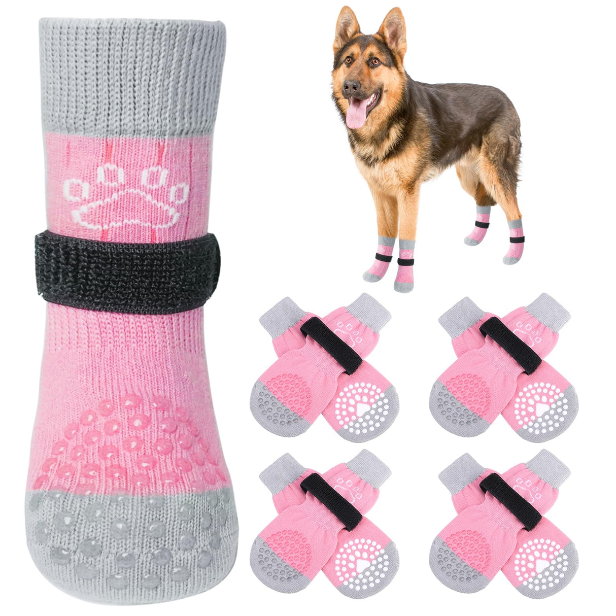 SCENEREAL Double Side Anti-Slip Dog Socks for Hardwood Floors to Stop Licking Paws, Non-Slip Dog Shoes for Hot/Cold Pavement, Slipping, Paw Protectors with Grippers Pink Pearl Paw XL