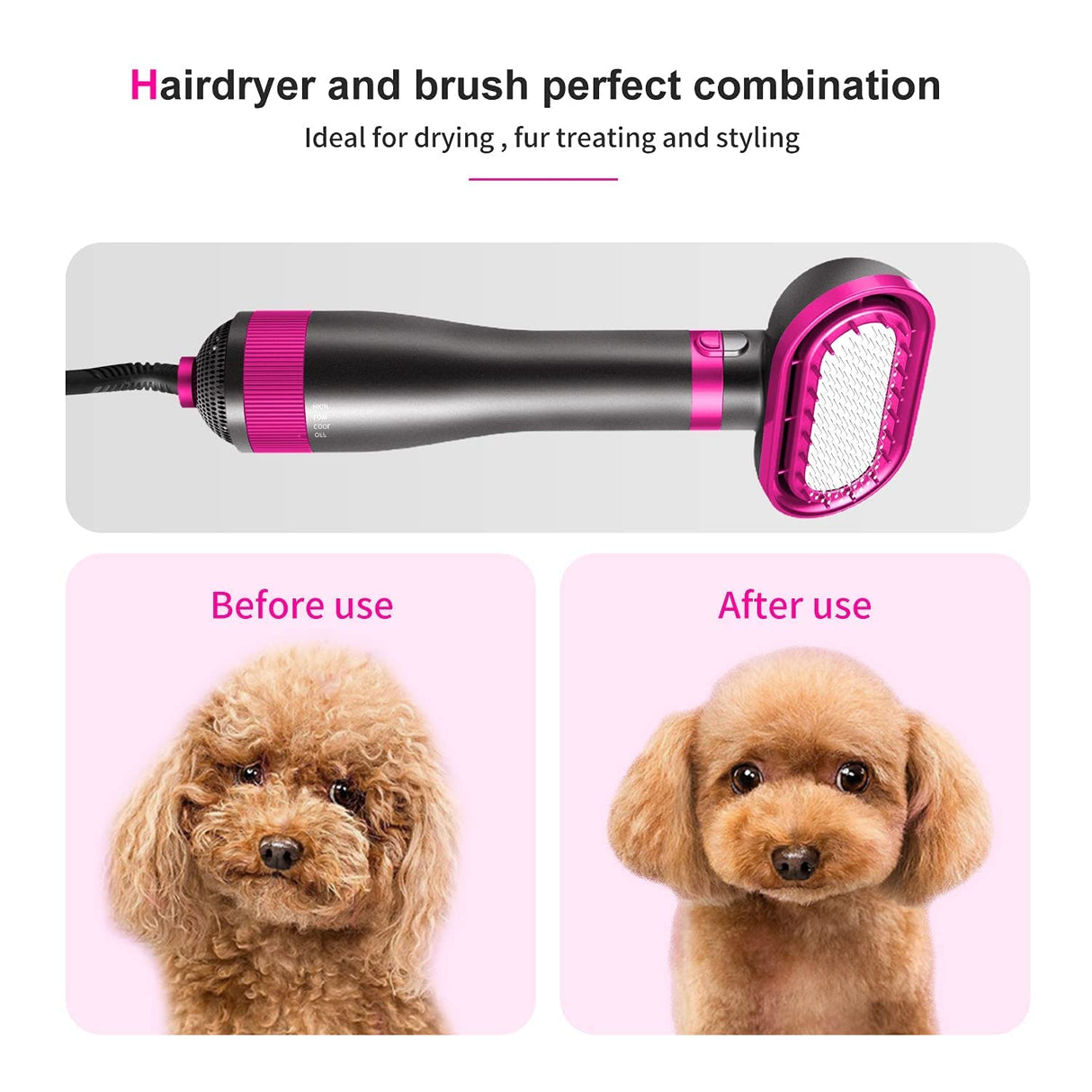 HimyBB Dog Hair Dryer, 2-in-1 Dog Hair Blower with Brush, 3-Modes Blow Professional Home Grooming Drying for Small Large Cat Pet Puppy Rose