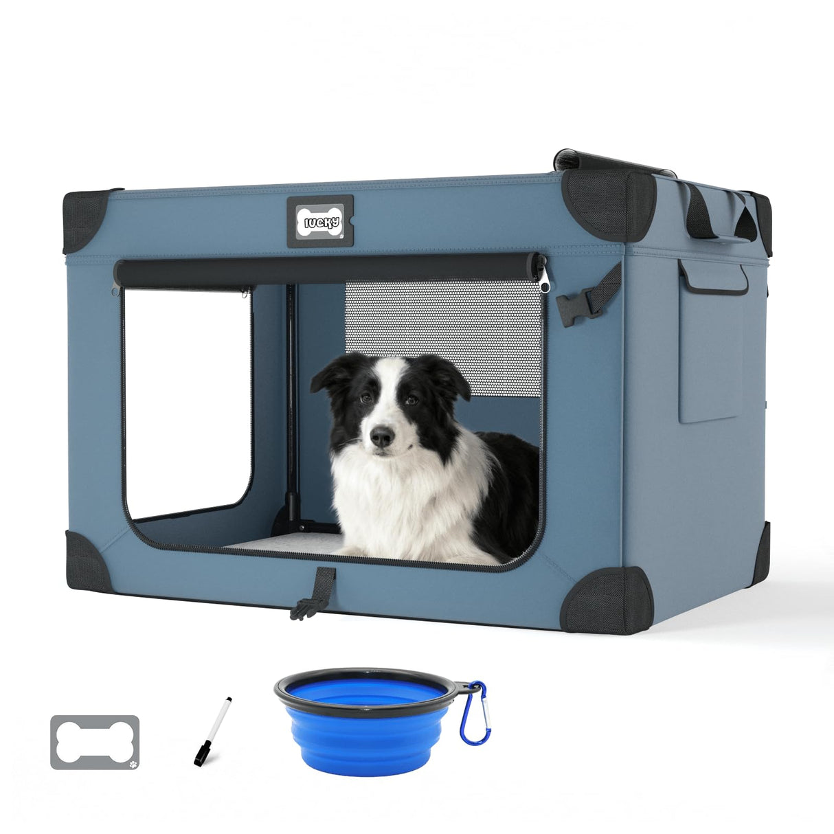 QUIBBLICK 36 Inch Soft Collapsible Dog Crate, Portable Travel Dog Crate for Indoor and Outdoor Use, Oxford Fabric Pet Carrier with Chew-Proof Mesh Window, Warm Blanket and Foldable Bowl, Blue