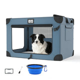 QUIBBLICK 36 Inch Soft Collapsible Dog Crate, Portable Travel Dog Crate for Indoor and Outdoor Use, Oxford Fabric Pet Carrier with Chew-Proof Mesh Window, Warm Blanket and Foldable Bowl, Blue