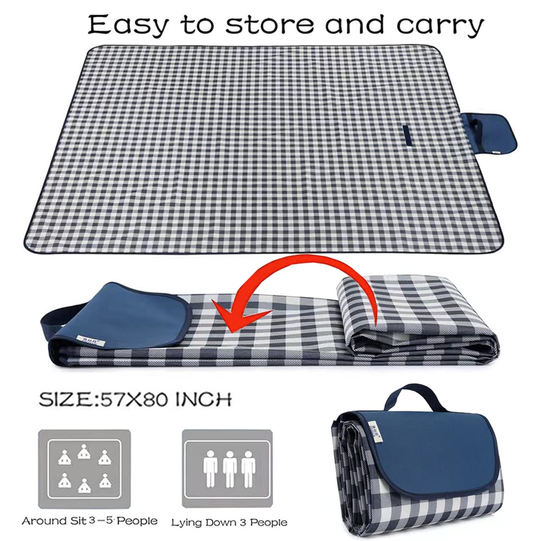LRUUIDDE Extra Large Picnic Blanket Beach Blankets, Outdoor Foldable Waterproof Sand Mat for Beach Camping Hiking Travel Family Concerts Grass Park Music Festival Lawn Mats (Dark Blue, 80x60inch)