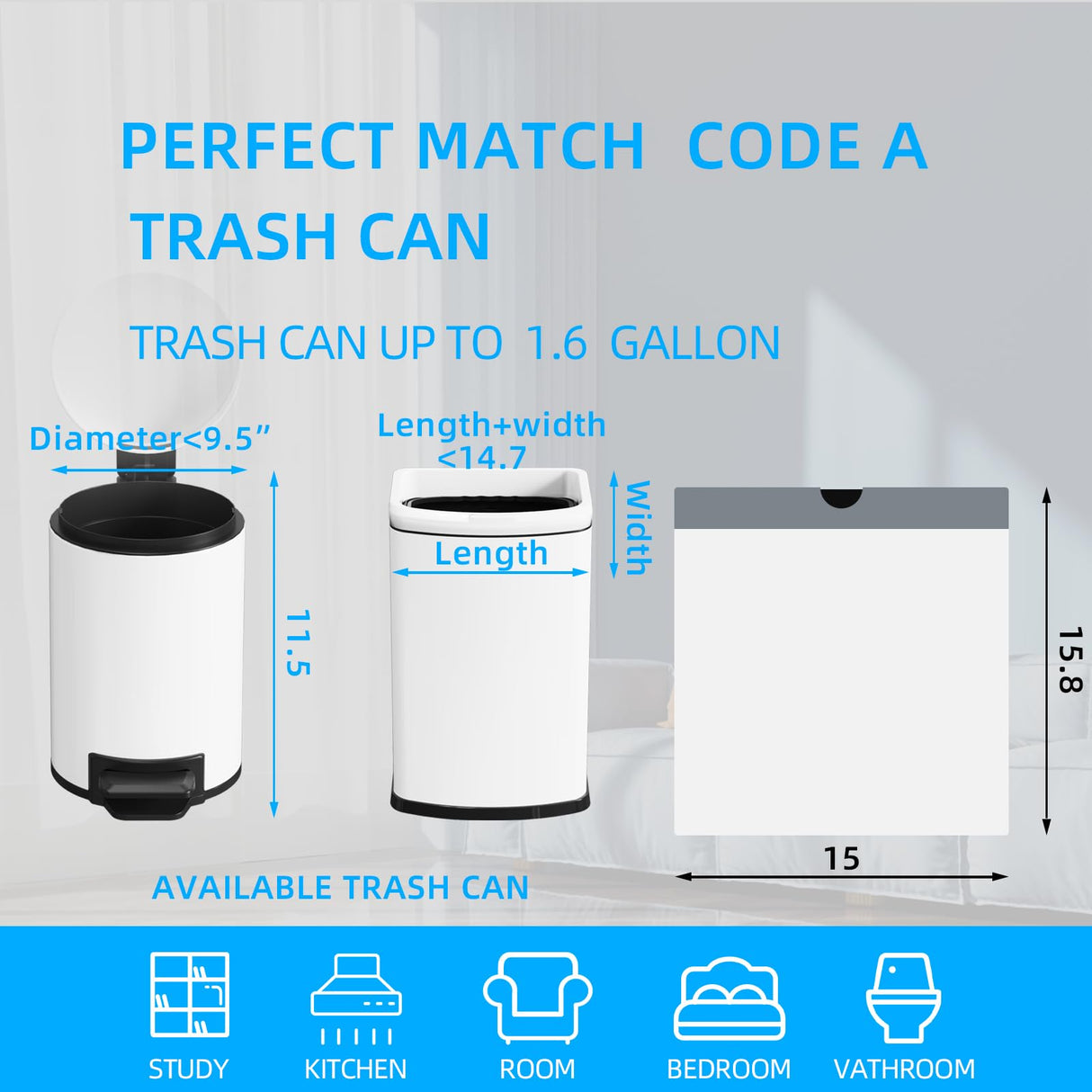 120 Counts 1.6 Gallon Mini Drawstring Trash Bags, Small Garbage Bags, Code a fit 4.5-8 Liter, 1.2-2 Gal, White Trash Bin Liners for Home Office Kitchen Bathroom Bedroom