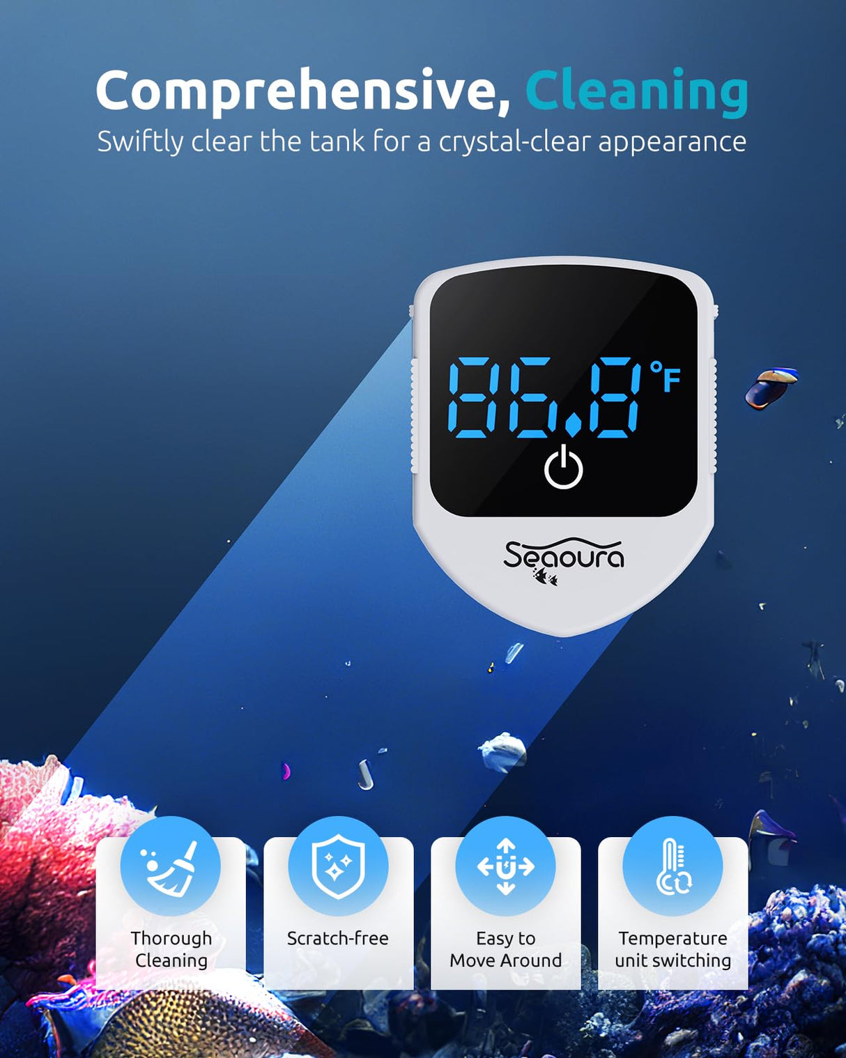 SEAOURA 2-in-1 Mini Aquarium Magnetic Cleaner with Digital Thermometer, Fish Aquariums Magnets Brush only for Glass Tank,Tiny Magnet Floating Cleaning Tool for 1-30 Gallons